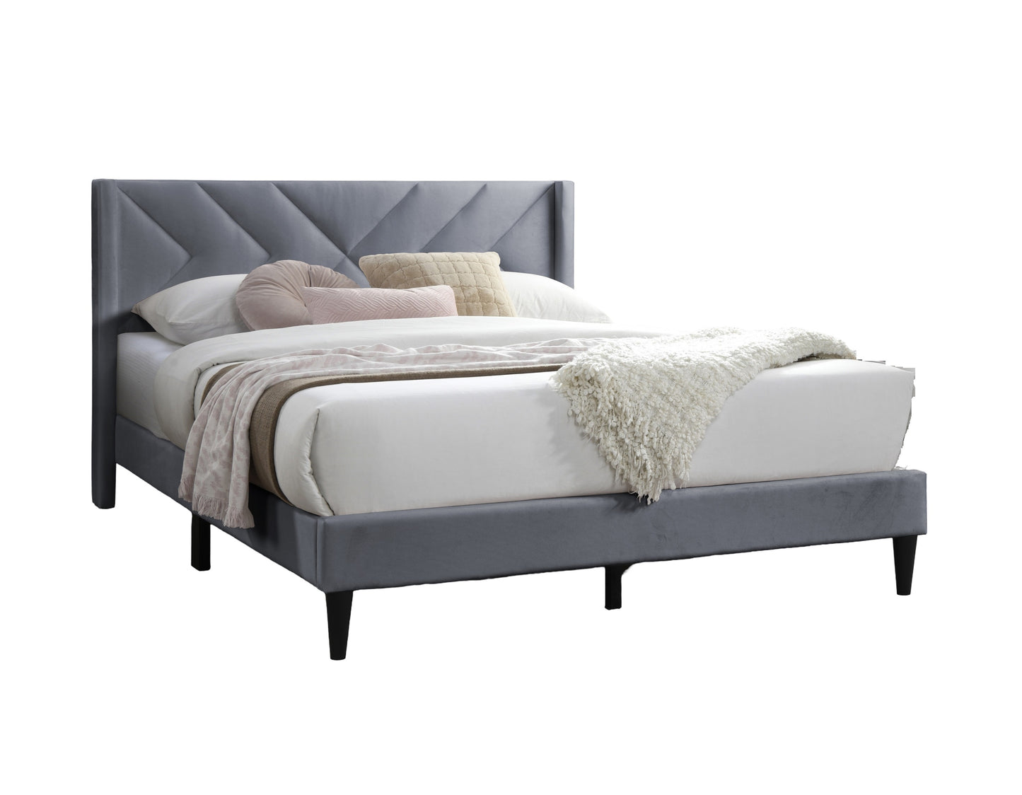 Stylish Gray Velvet Queen Bed Frame with Geometric Headboard – Modern Upholstered Design