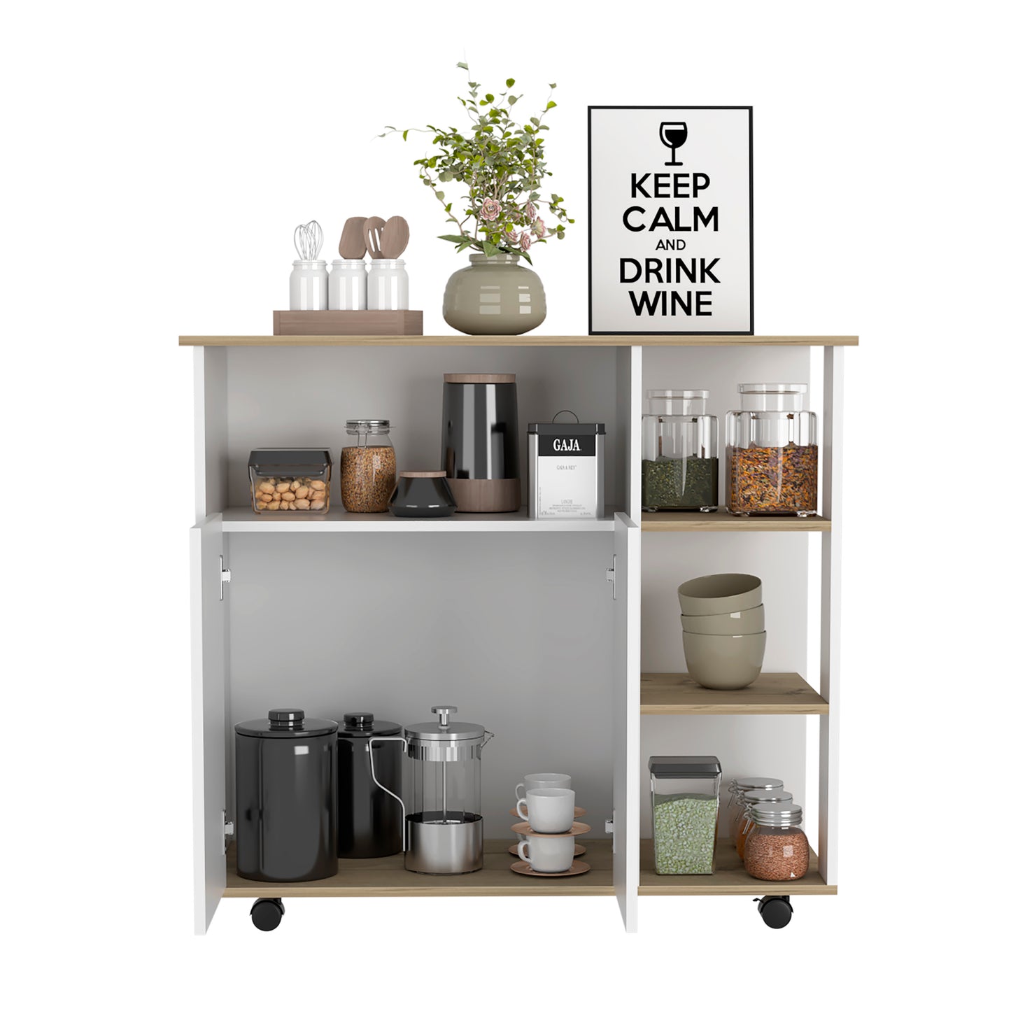 Multifunctional Kitchen Cart with Four Shelves and Locking Casters - Light Oak/White Finish