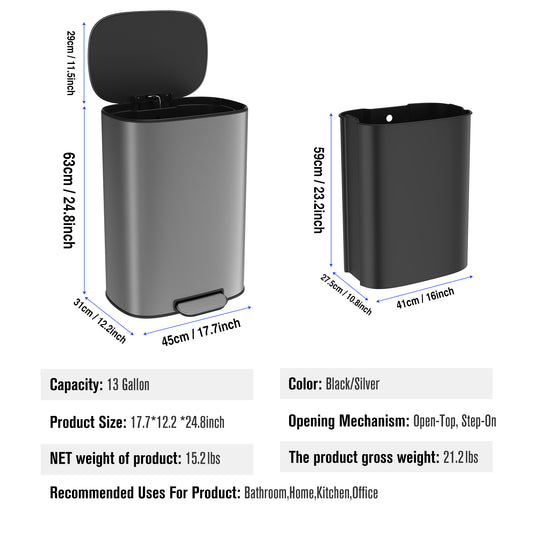 13 Gallon 50L Kitchen Foot Pedal Operated Soft Close Trash Can - Stainless Steel Ellipse Bustbin - S