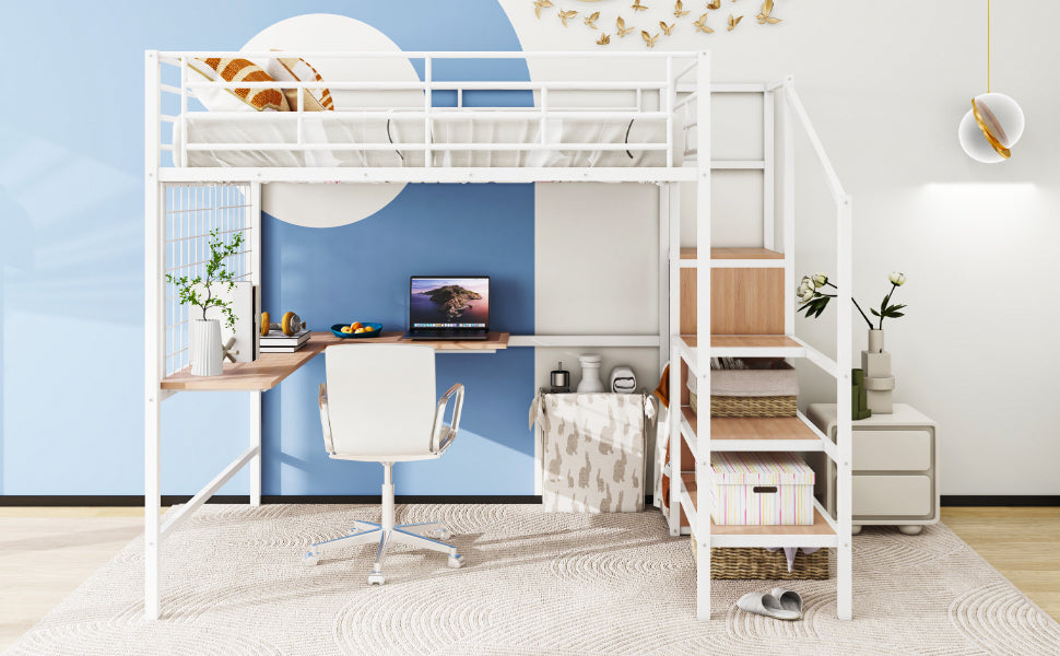 Stylish Full Size Metal Loft Bed with Integrated Desk and Storage Solutions in White