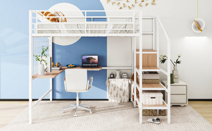 Stylish Full Size Metal Loft Bed with Integrated Desk and Storage Solutions in White