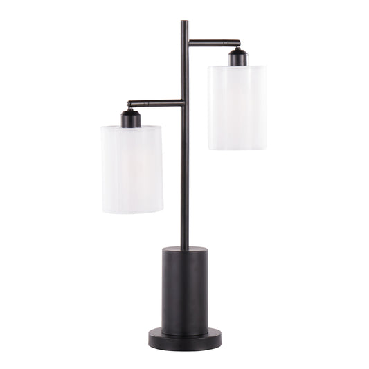 Contemporary Two-Light Table Lamp with Adjustable Heads, White Drum Shades, 2 LED Bulbs, Indoor, Black