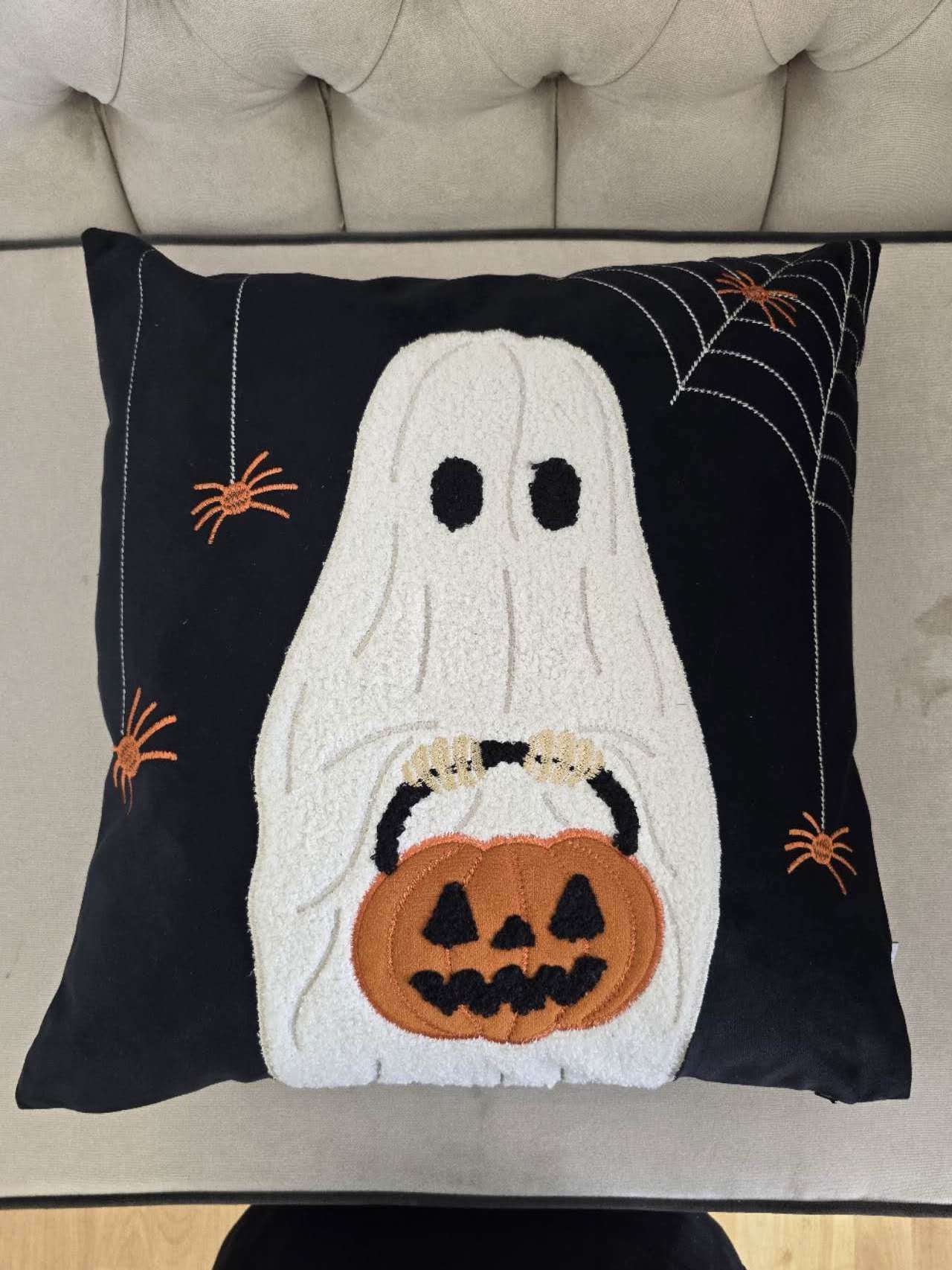 20x20in Halloween Ghost Throw Pillow with Pumpkin Bucket, Embroidered Ghost, Velvet Fabric, Black