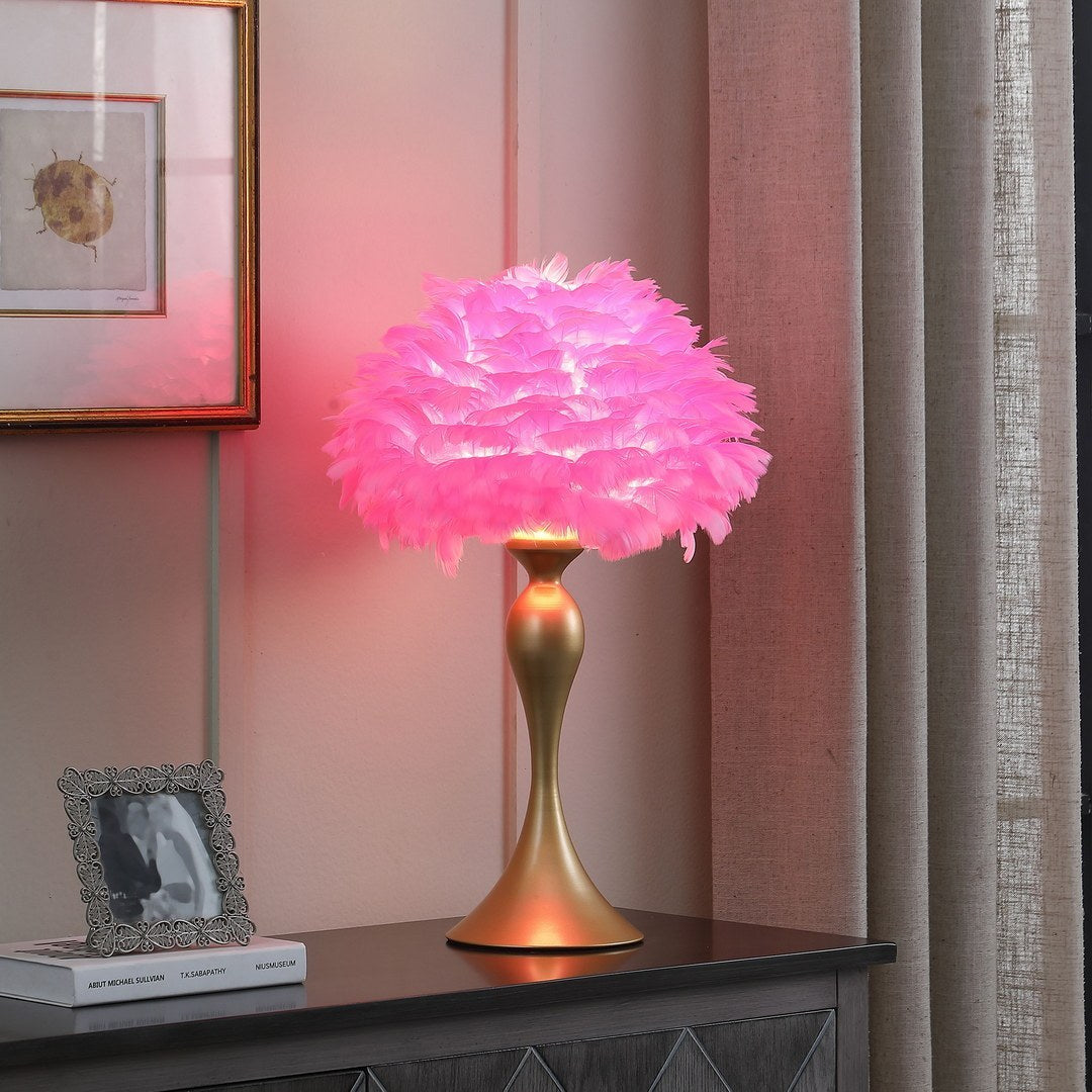 Glam Table Lamp, Satin Gold Contour Candlestick, 23.5in Tall, Feather Shade 15.5in, 40W E26, Hot Pink