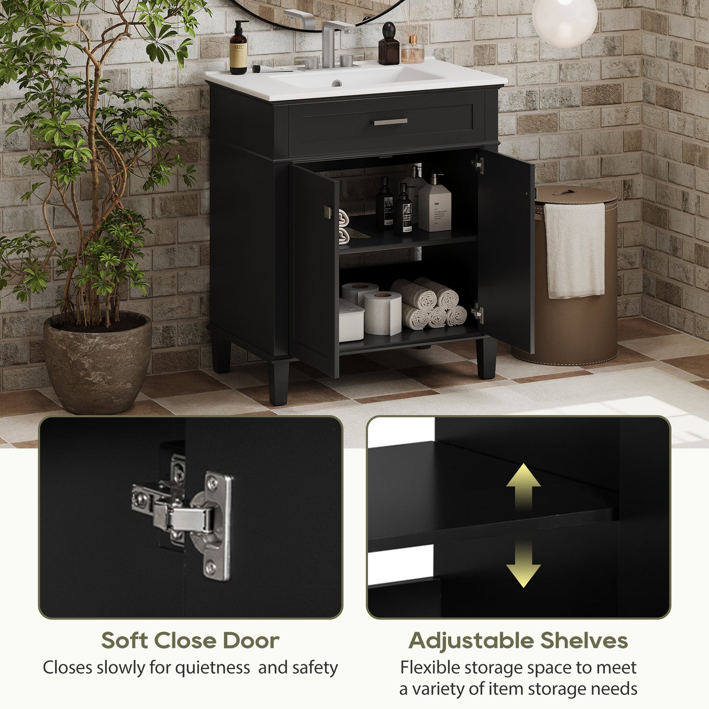 30-Inch Black Bathroom Vanity with Ceramic Sink, Soft-Close Doors, and Adjustable Storage Shelves