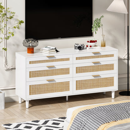 Elegant 59" White Rattan Dresser with 6 Drawers for Stylish Storage Solutions