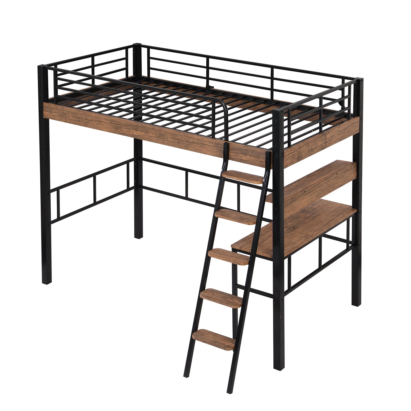 Black Metal Twin Loft Bed with Integrated Desk, Storage Shelf, and Ladder