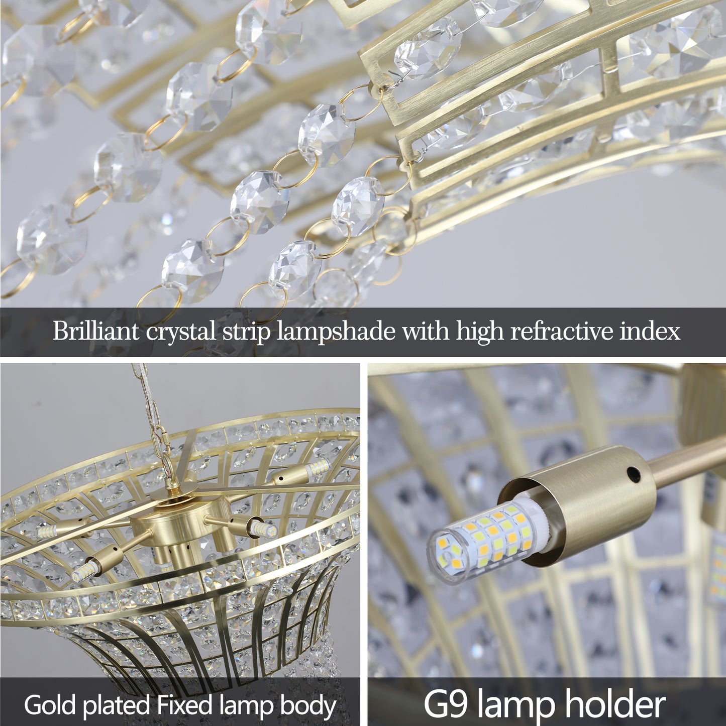 8-Light Crystal Waterfall Chandelier, 23.6 Modern Ceiling Light for Living Room, Dining, Sand Gold Finish