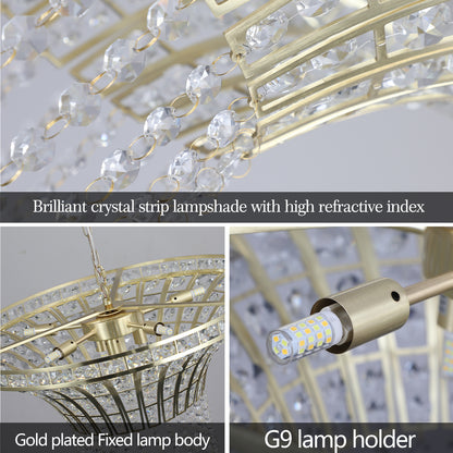 8-Light Crystal Waterfall Chandelier, 23.6 Modern Ceiling Light for Living Room, Dining, Sand Gold Finish