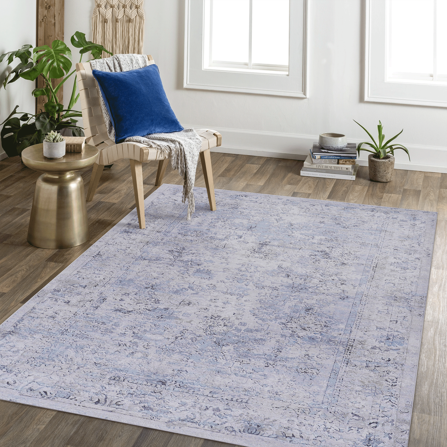5x8 Machine-Washable Area Rug - Low-Pile, Non-Slip, Kid & Pet Friendly, Living & Dining Blue+Cream