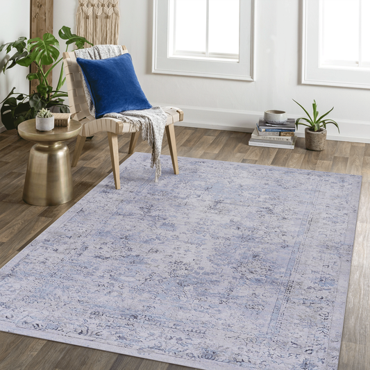 5x8 Machine-Washable Area Rug - Low-Pile, Non-Slip, Kid & Pet Friendly, Living & Dining Blue+Cream