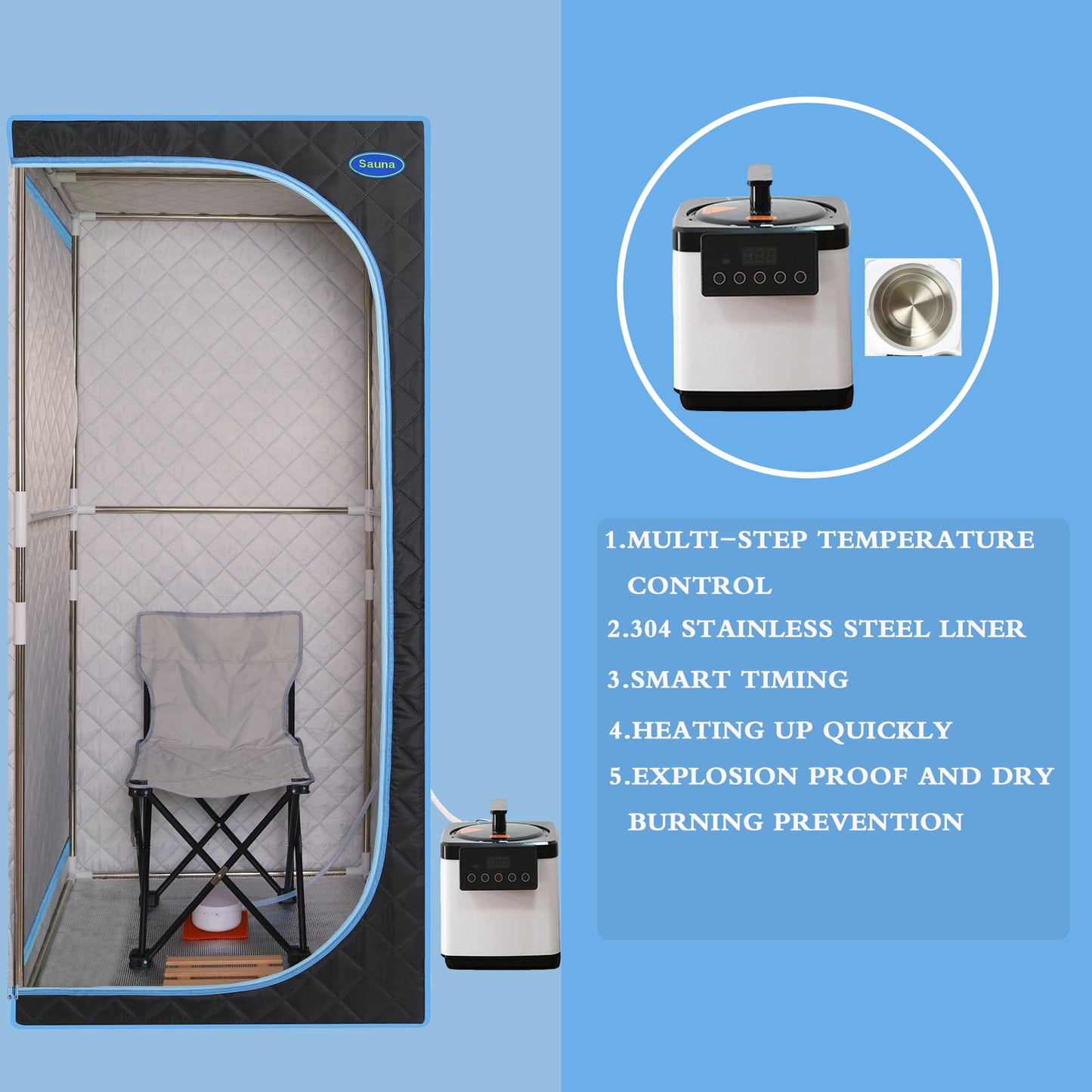 Full Body Portable Steam Sauna Tent for Home Spa Large 31.5in Square 68.9in 1000W 2.6L Pot FCC Black