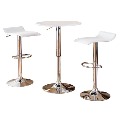 Adjustable Height Bar Table with Wood Top & Chrome Metal Frame, 2 Chrome Air Lift Swivel Stools, White