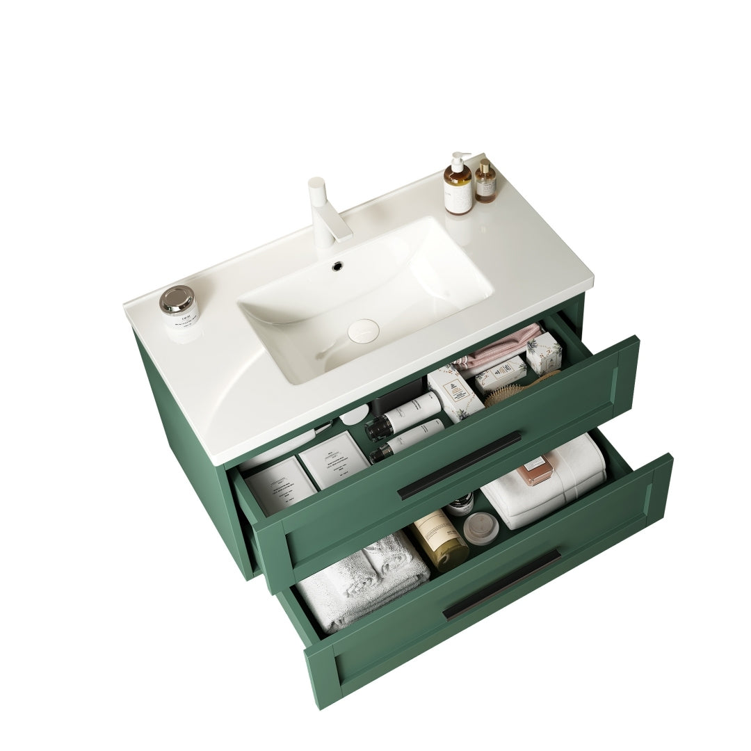 Modern 36" Green and White Wall-Mounted Bathroom Vanity with Integrated Ceramic Sink and Soft-Close Drawers