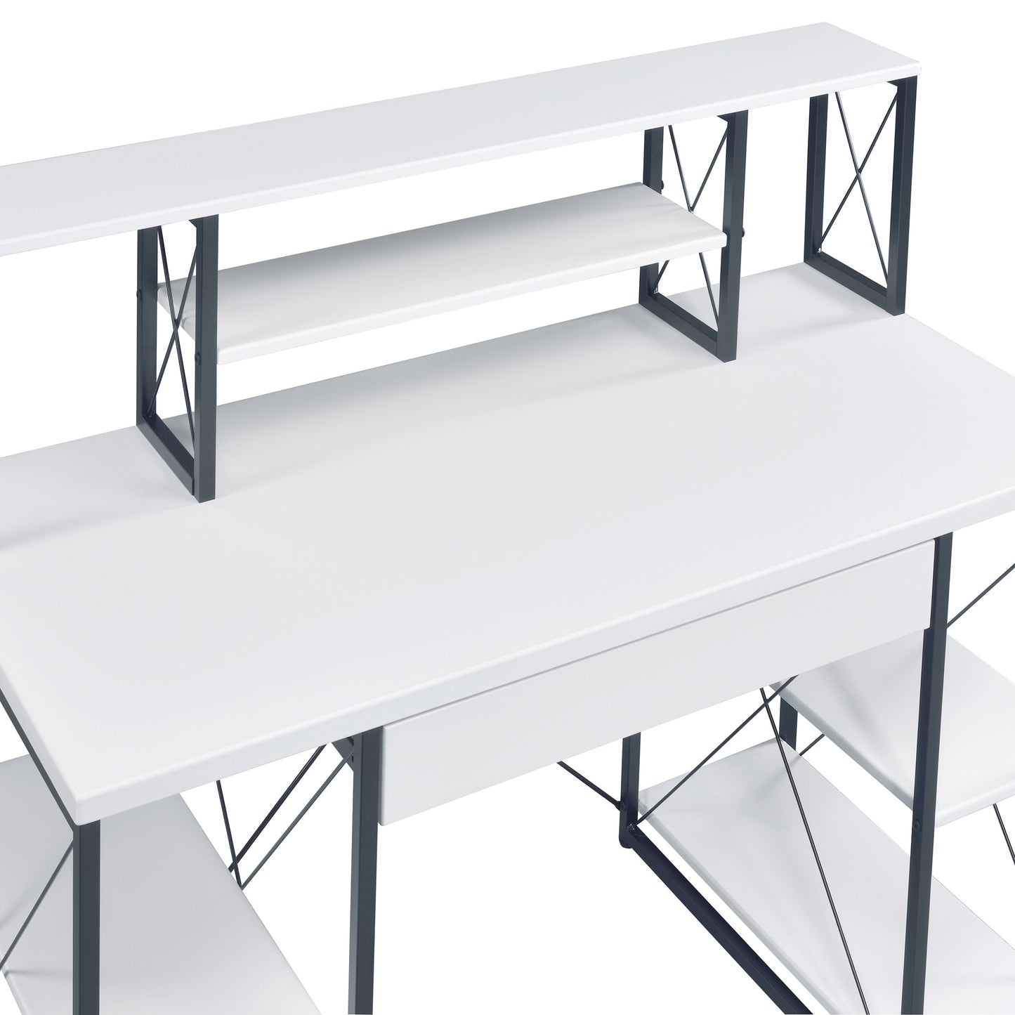 Modern White and Black Writing Desk with Open Shelving and Hutch