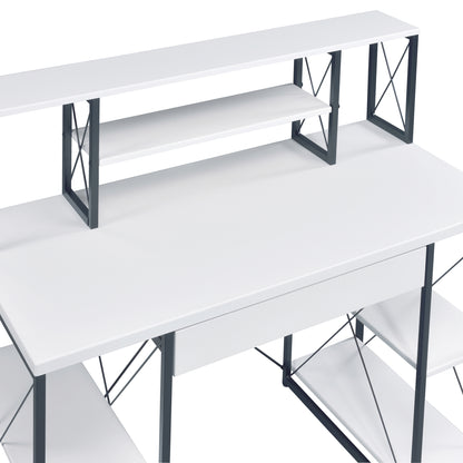 Modern White and Black Writing Desk with Open Shelving and Hutch