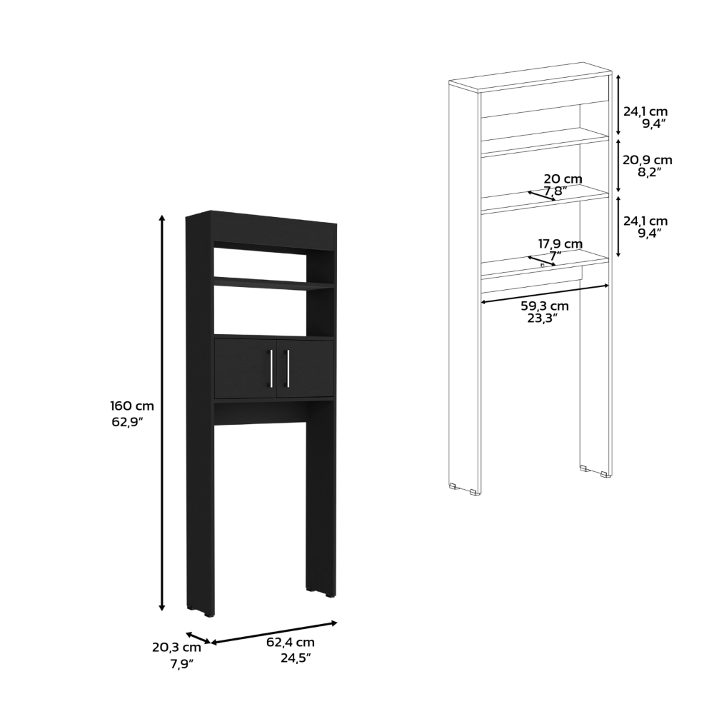 Modern Black Over-The-Toilet Storage Cabinet with Double Doors and Two Shelves, 63" Height