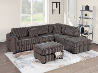 3-Piece L-Shaped Sectional with Reversible Chaise, USB Storage Ottoman, Corduroy Upholstery, Chocolate
