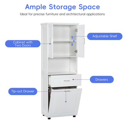 White Tall Storage Cabinet with Tilt-Out Laundry Hamper and Upper Shelves