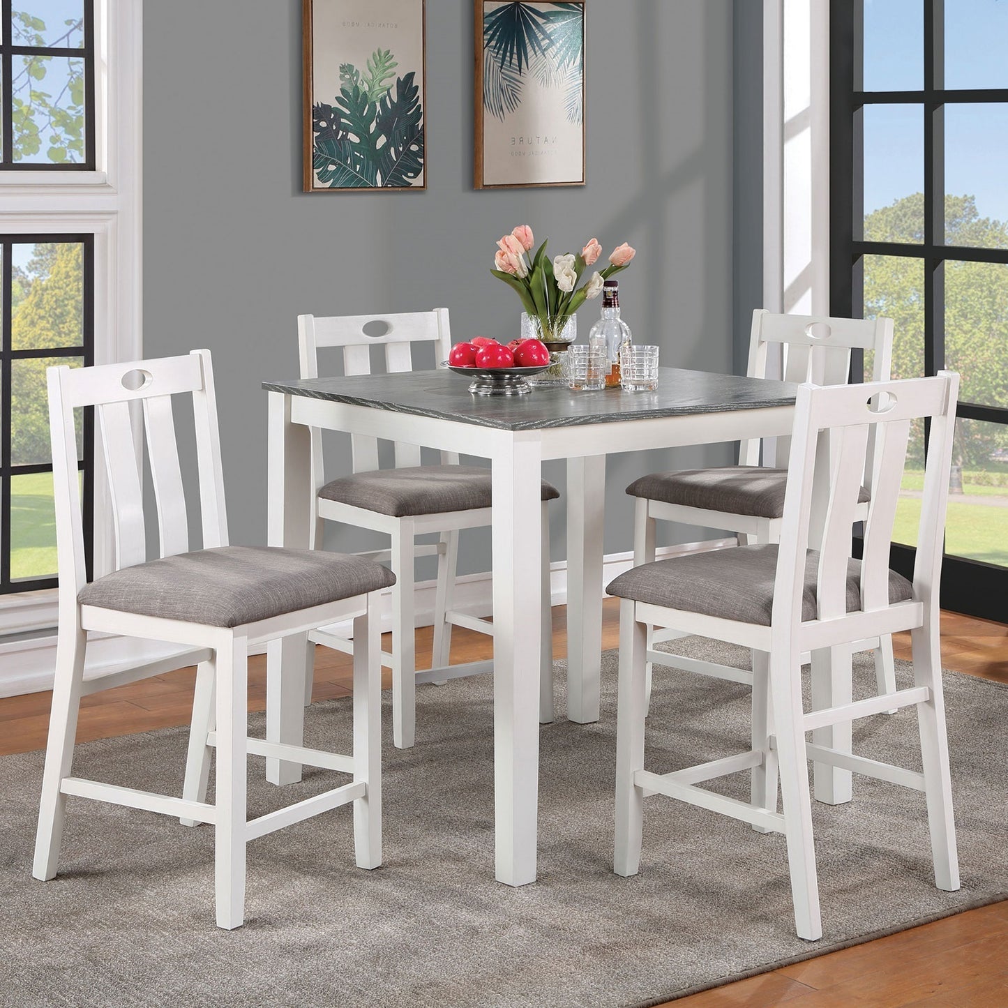 Counter Height Wood Dining Set 36Inch Table 4 Chairs White