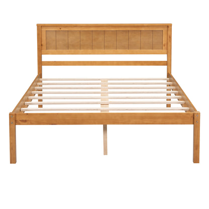 Oak Full Platform Bed Frame with Headboard - No Box Spring Required, Wood Slat Support