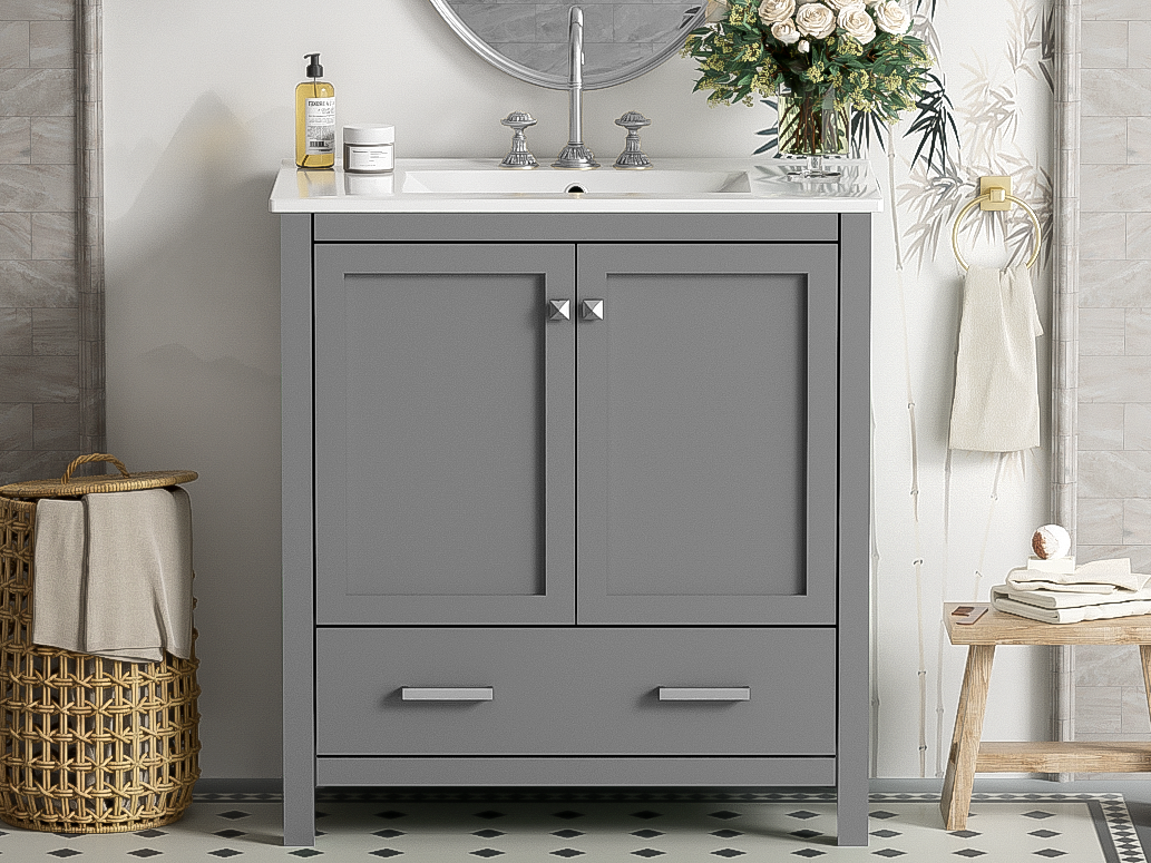30-Inch Modern Gray Bathroom Vanity with Undermount Sink, Elegant Storage Cabinet Featuring Soft-Close Doors and Multifunctional Design