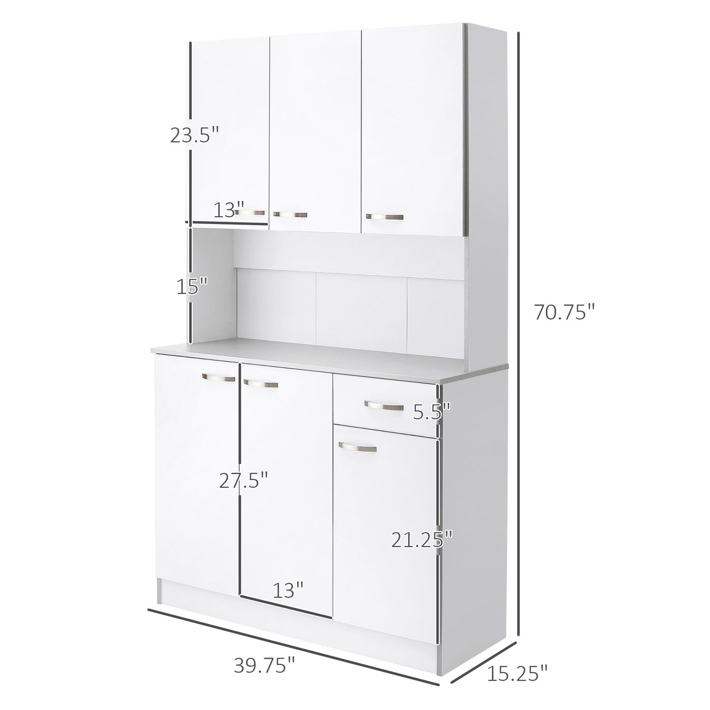 Elegant 71" White Freestanding Kitchen Buffet with Storage and Adjustable Shelves