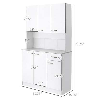 Elegant 71" White Freestanding Kitchen Buffet with Storage and Adjustable Shelves