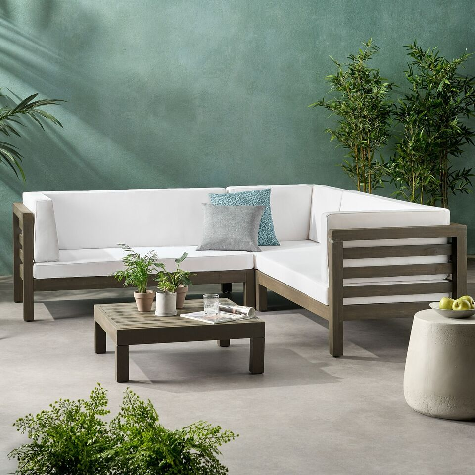 Outdoor Wooden Sectional Set With Cushions In Acacia Wood, 58.25in Length, 30.25in Width, Contemporary Style White