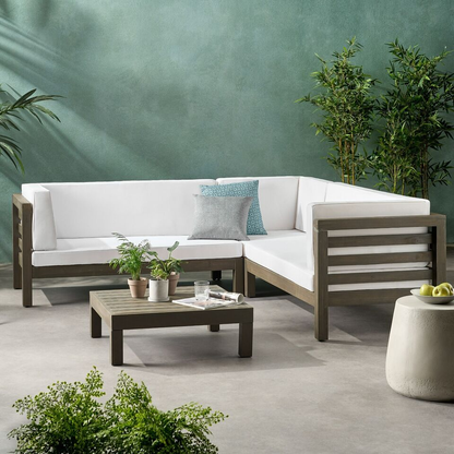 Outdoor Wooden Sectional Set With Cushions In Acacia Wood, 58.25in Length, 30.25in Width, Contemporary Style White