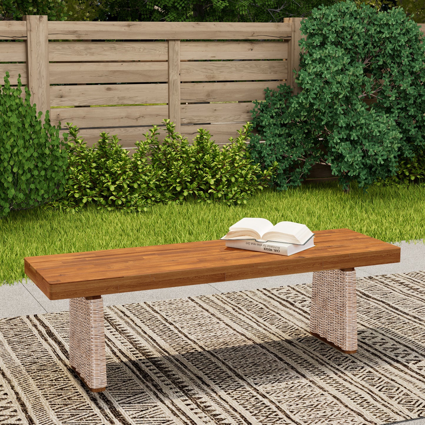 Outdoor Acacia Wood Bench 57 Inch With Wicker Seat For Patio Garden Seating Teak Finish
