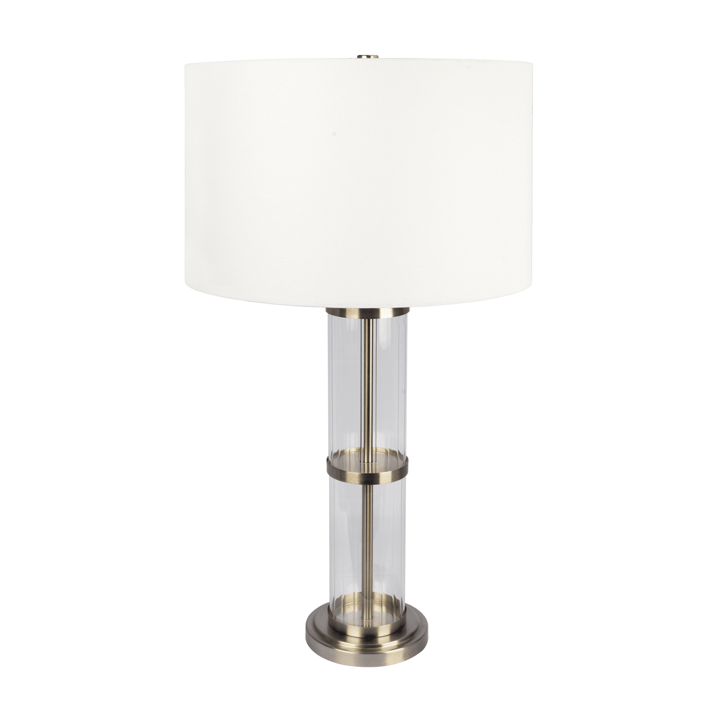 30-Inch Table Lamp with Clear Glass Body, Metal Base, On/Off Switch, Linen Shade, 16-Inch Brushed Nickel