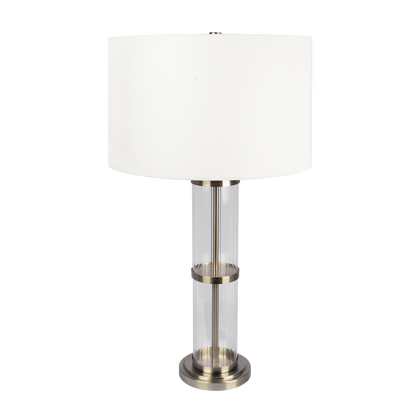 30-Inch Table Lamp with Clear Glass Body, Metal Base, On/Off Switch, Linen Shade, 16-Inch Brushed Nickel