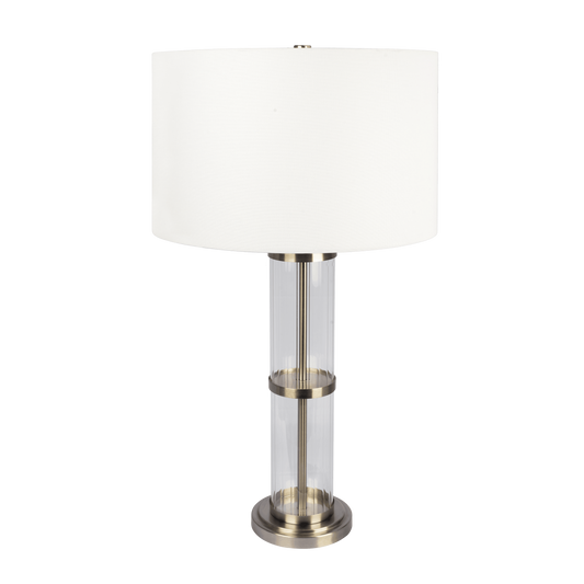 30-Inch Table Lamp with Clear Glass Body, Metal Base, On/Off Switch, Linen Shade, 16-Inch Brushed Nickel