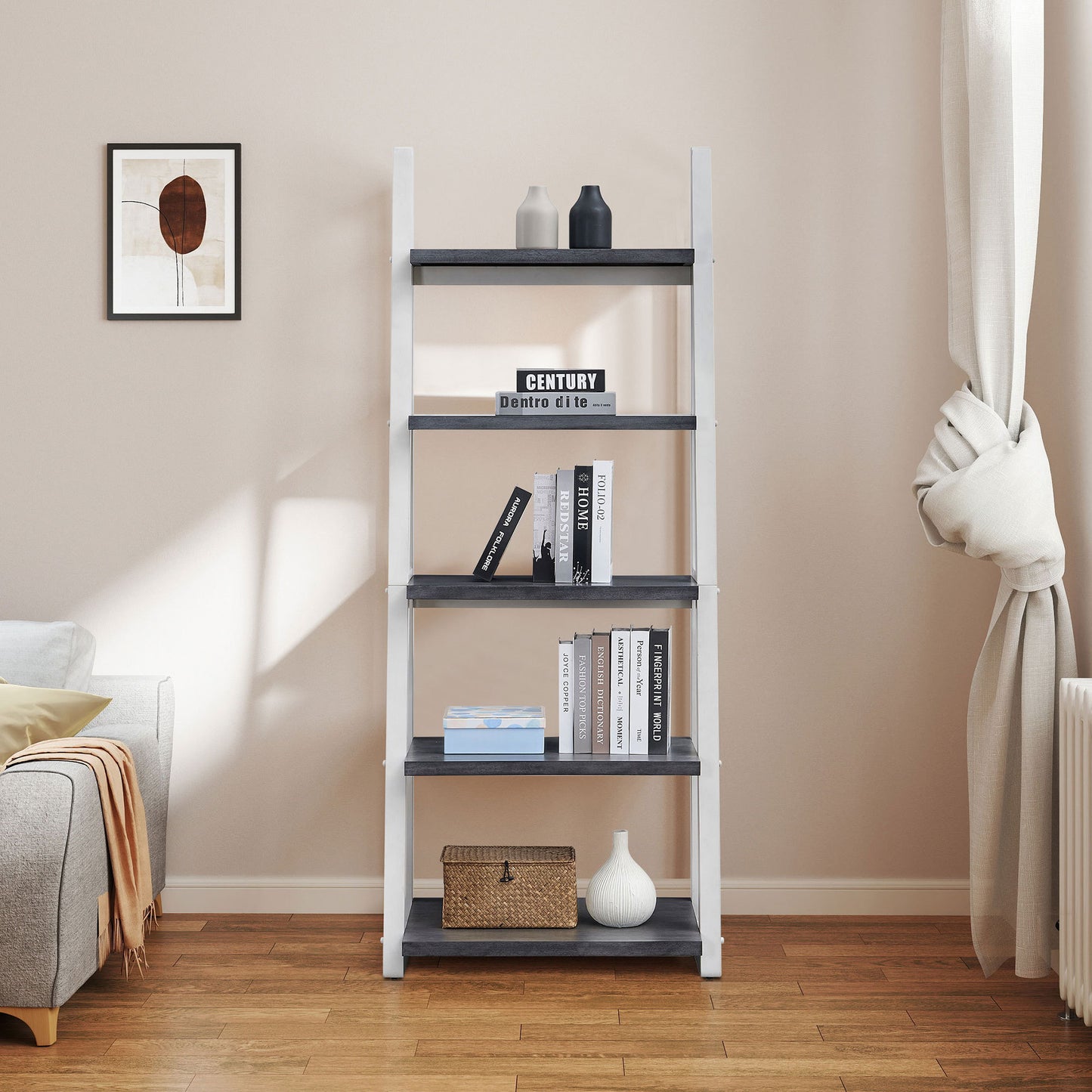 Modern 5-Tier Ladder Bookshelf with Solid Rubber Wood Frame for Versatile Storage in Any Room
