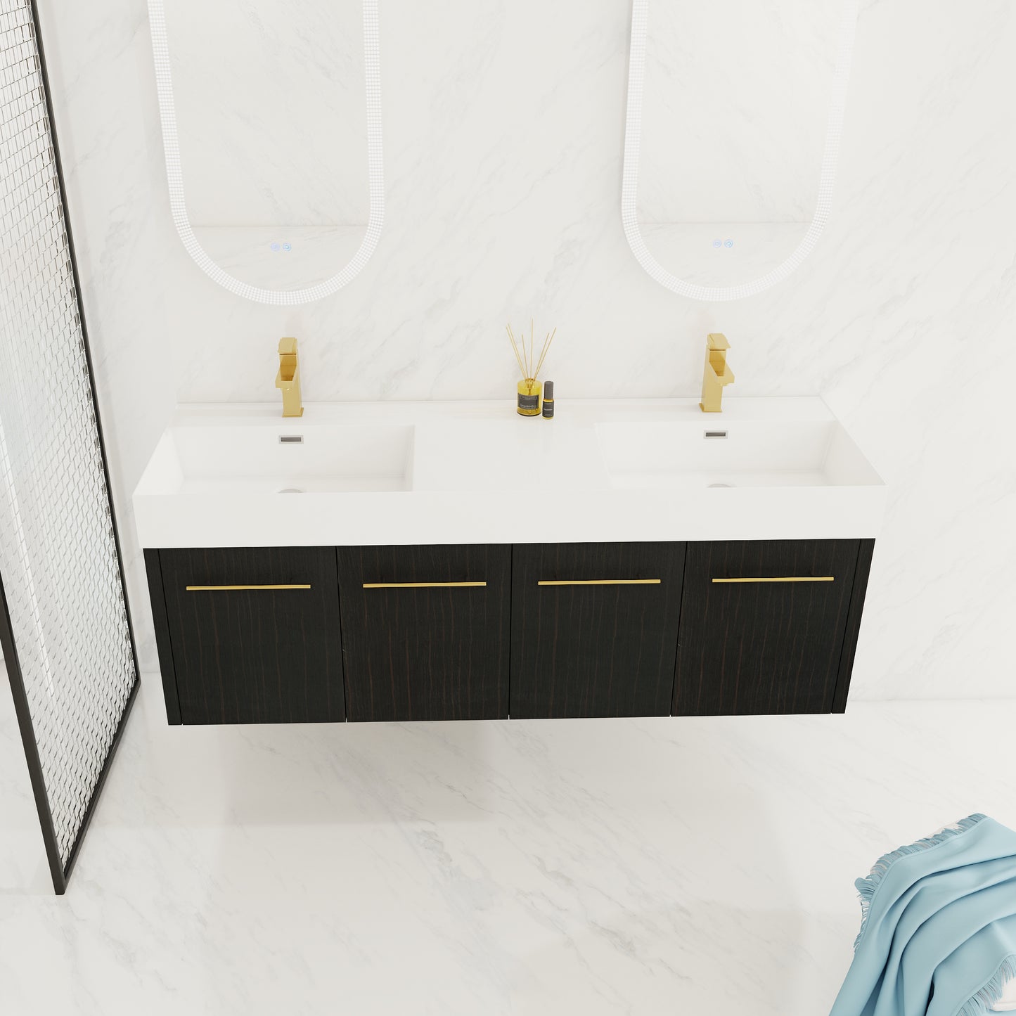 60-Inch Modern Wall-Mounted Bathroom Vanity with Double Resin Sink and Ample Storage