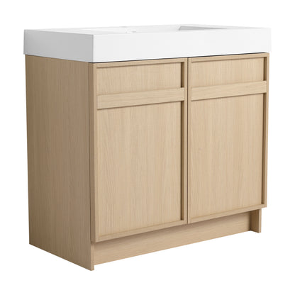 Modern 36" Freestanding Oak Bathroom Vanity with Soft-Close Doors & Integrated White Resin Sink
