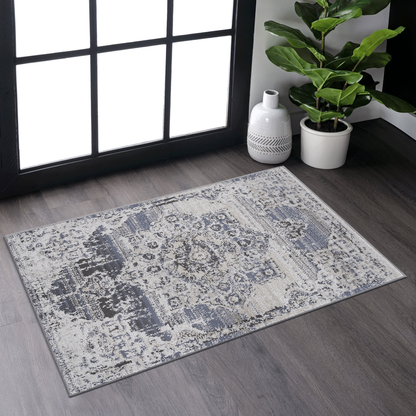 2x3 ft Medallion Area Rug-Non-Shedding, Stain-Resistant, Polyester-Kid & Pet-Friendly,Entryway-Cream/Blue