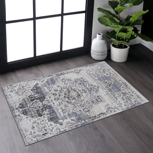 2x3 ft Medallion Area Rug-Non-Shedding, Stain-Resistant, Polyester-Kid & Pet-Friendly,Entryway-Cream/Blue
