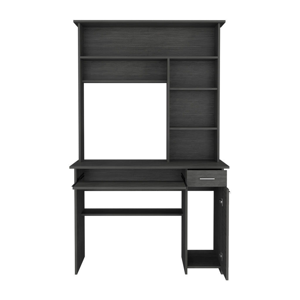 Smokey Oak Compu Hutch Desk with Keyboard Tray, CPU Door Panel, Shelves, and Drawer