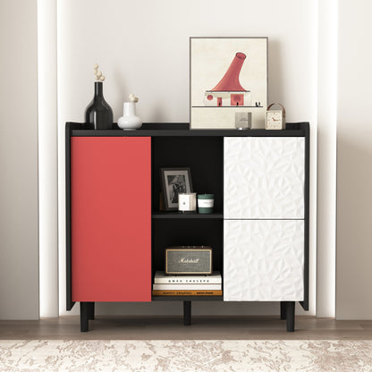 Sideboard Buffet Cabinet, Black Storage Cabinet with Red Doors , 2 Drawers with unique panel styling and 2 Open Storage Compartment, Modern Coffee Bar Cabinet Accent Cabinet for Kitchen, Dining Room,