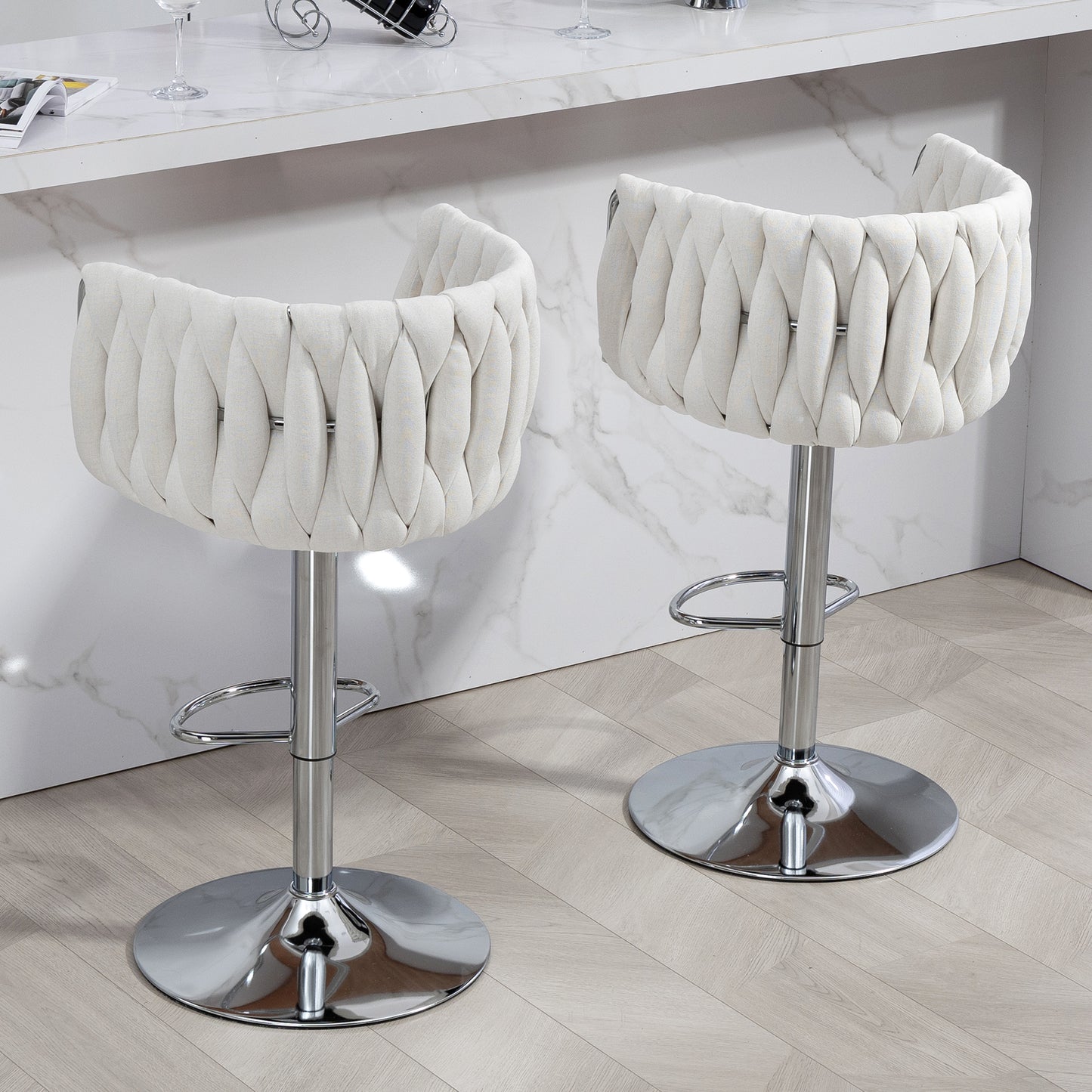 Counter-Height Bar Stools Set of 2, 360° Swivel, Fabric Cushions, Woven-Back, Foam-Padded, Beige