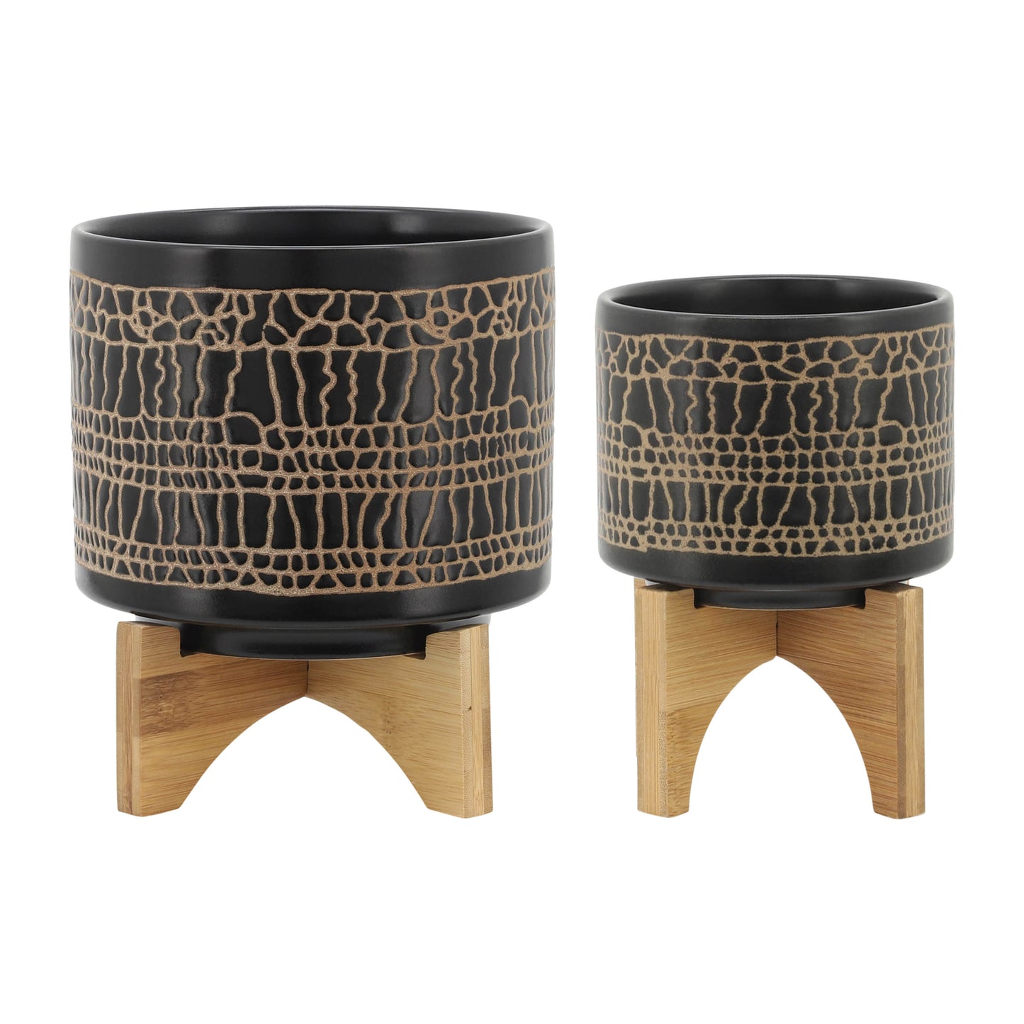 Set of 2 Ceramic Glazed Planters with Stand – 5x5x7 & 7.75x7.75x10.5 in, Drainage Holes, Black