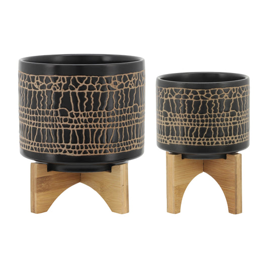 Set of 2 Ceramic Glazed Planters with Stand – 5x5x7 & 7.75x7.75x10.5 in, Drainage Holes, Black