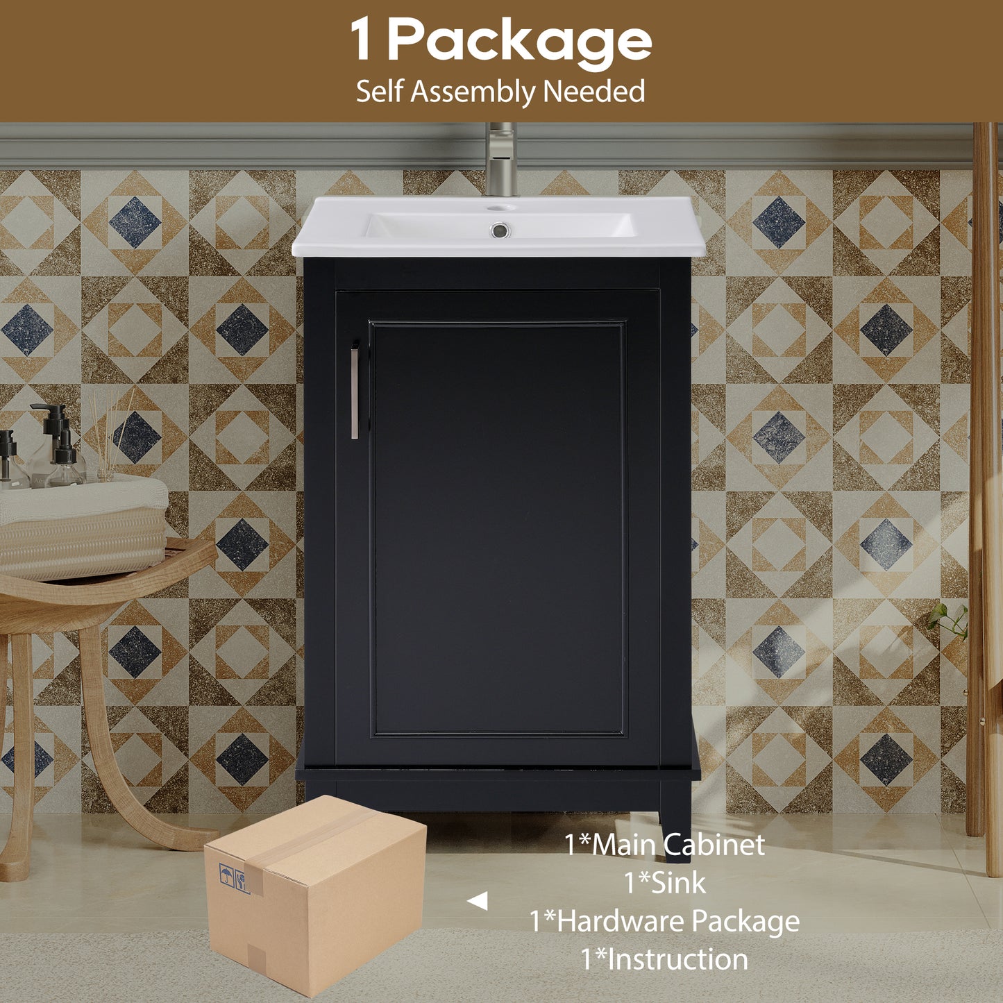 Compact 20-Inch Black Bathroom Vanity Cabinet with Ceramic Sink - Modern Design, Ample Storage, Soft-Close Door