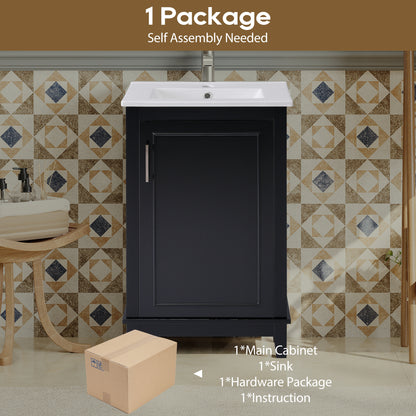 Compact 20-Inch Black Bathroom Vanity Cabinet with Ceramic Sink - Modern Design, Ample Storage, Soft-Close Door