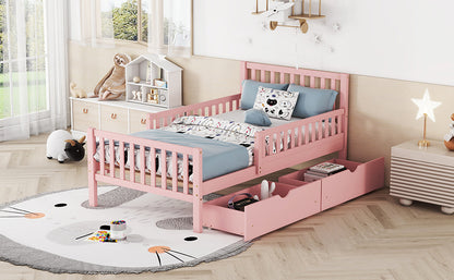 Twin Size Pink Wooden Platform Bed with Safety Guardrails and Dual Storage Drawers