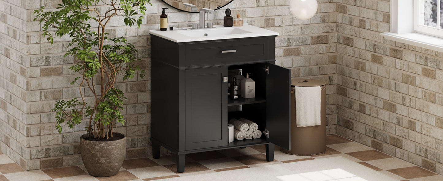 30-Inch Black Bathroom Vanity with Ceramic Sink, Soft-Close Doors, and Adjustable Storage Shelves