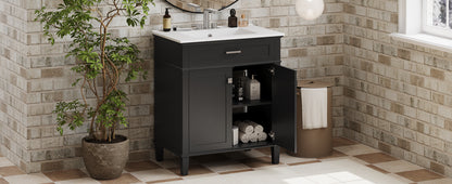 30-Inch Black Bathroom Vanity with Ceramic Sink, Soft-Close Doors, and Adjustable Storage Shelves