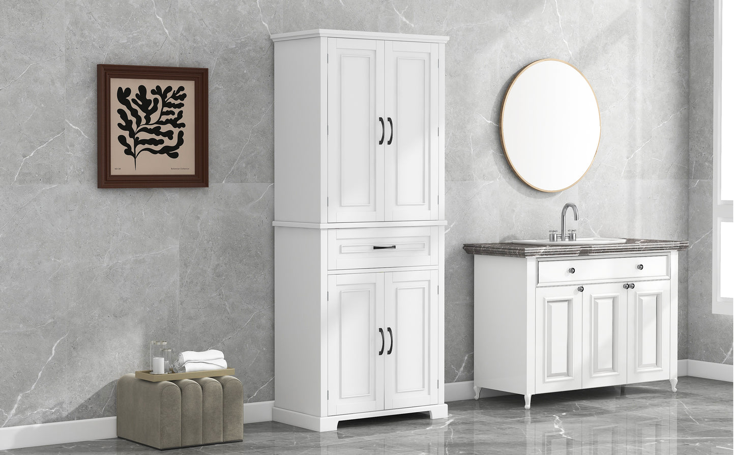 Tall White Bathroom Storage Cabinet with Adjustable Shelf and Drawer, Versatile Multi-Functional Organizer